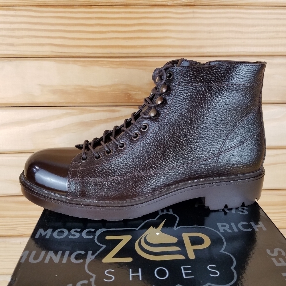 Men's 100% Genuine Leather Brown Ankle Boots by Paul Branco Side Zip Lace-up 11M